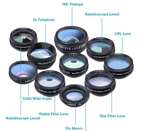 APEXEL Phone Lens Kit Universal 10 In 1 Fisheye Wide Angle Macro Lens CPL Filter Kaleidoscope 2X Telescope Lens For Smartphone