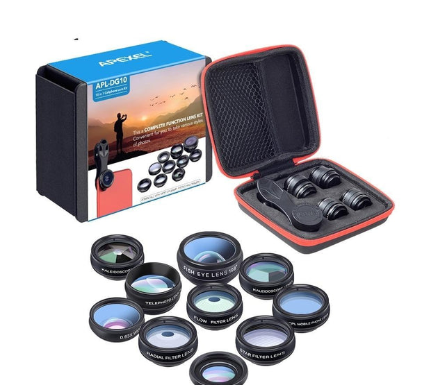 APEXEL Phone Lens Kit Universal 10 In 1 Fisheye Wide Angle Macro Lens CPL Filter Kaleidoscope 2X Telescope Lens For Smartphone